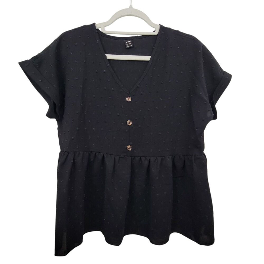 Shein Black Textured Dot Peplum Top Loose Flowy Size Small